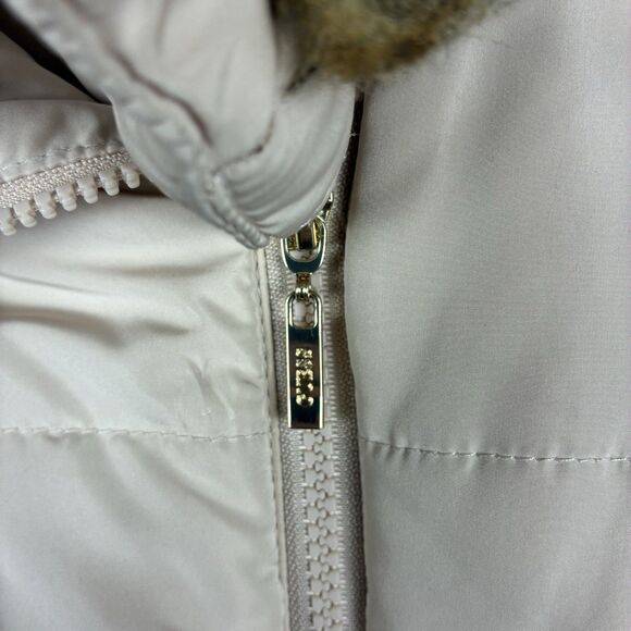 GUESS Hooded Puffer Coat Faux Fur Hood Women’s L Tan Jacket Insulated Y2K Winter - Picture 7 of 14